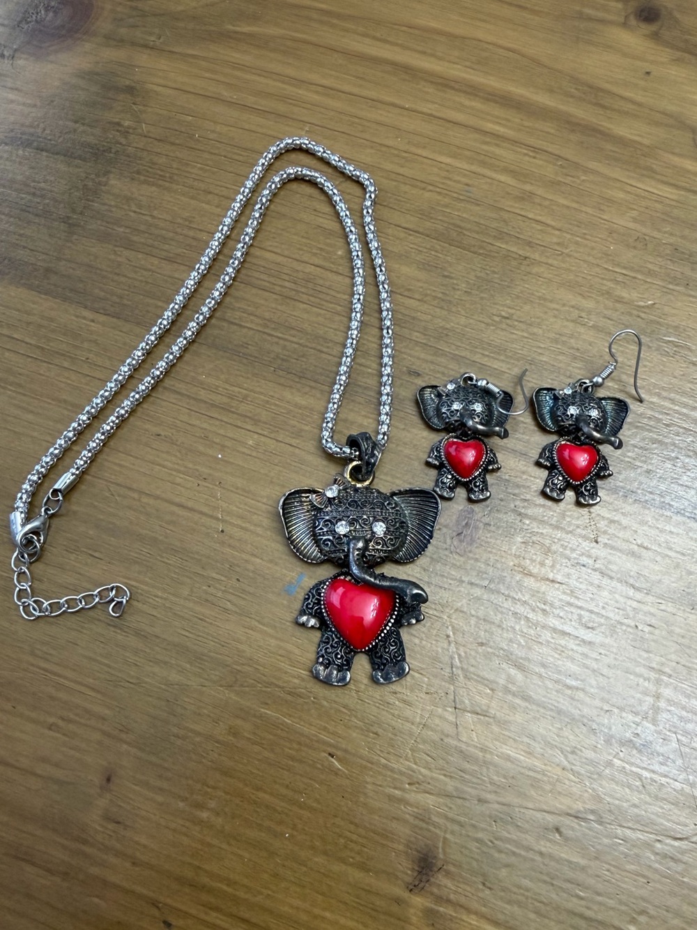 Silver Elephant Necklace & Earrings Set with Red Heart Accents